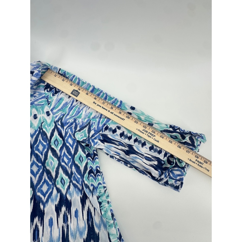 Allison Daley Plus 1X Blue Ikat Patchwork Cotton Button Front 3/4 Sleeve Blouse - Picture 4 of 11